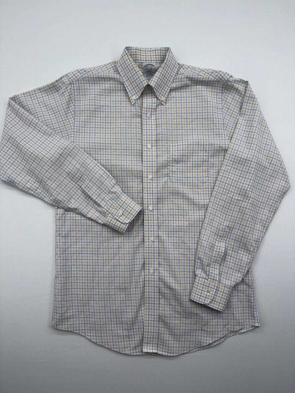 Brooks Brothers Classic Long Sleeve Shirt Men's 15 1/2-35 Checkered Blue Yellow